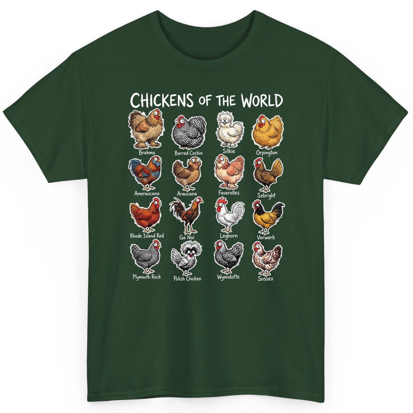 Chickens of the World chicken breeds T-Shirt Forest Green product mockup