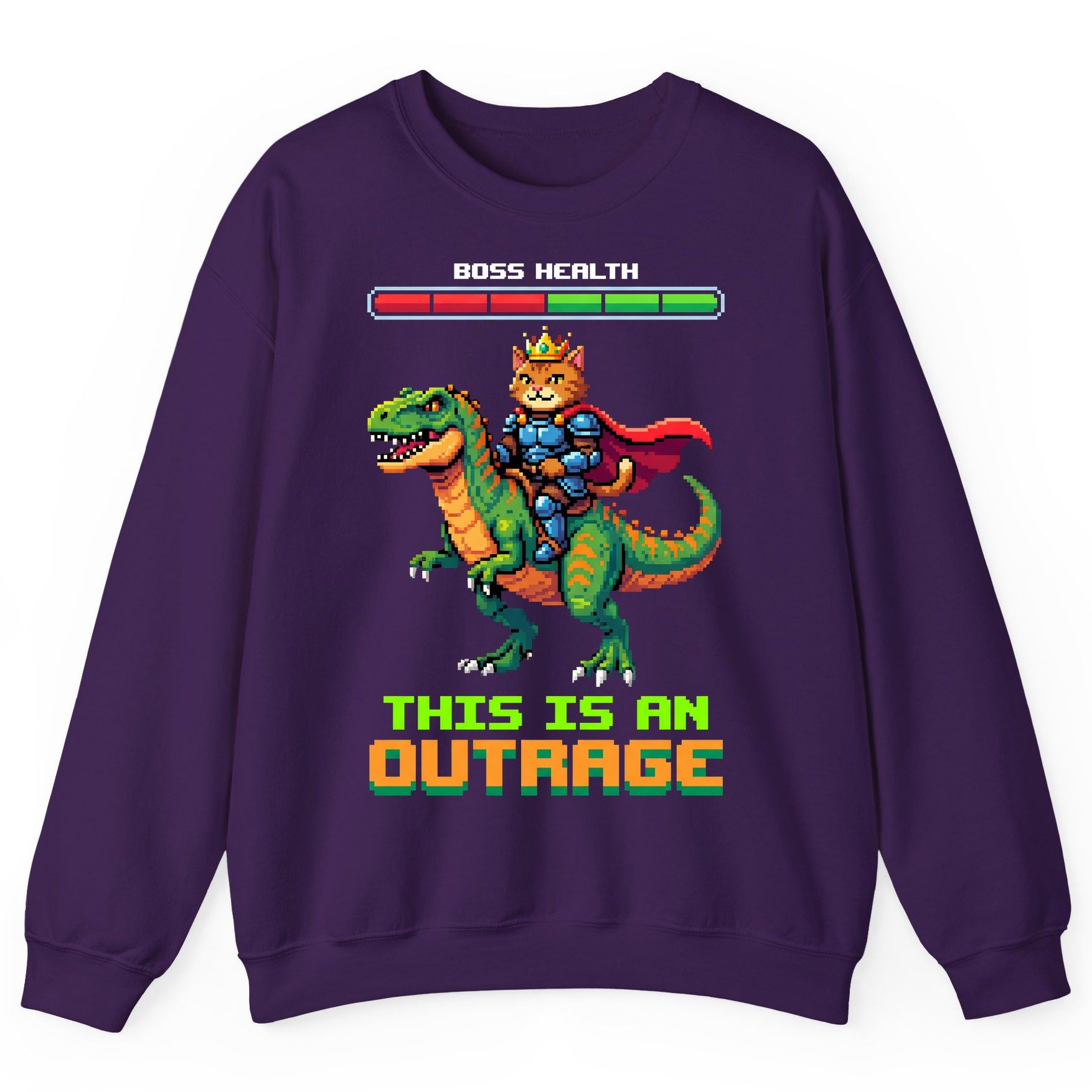 THIS IS AN OUTRAGE Cat riding a dinosaur Sweatshirt Purple product mockup