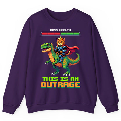 THIS IS AN OUTRAGE Cat riding a dinosaur Sweatshirt Purple product mockup