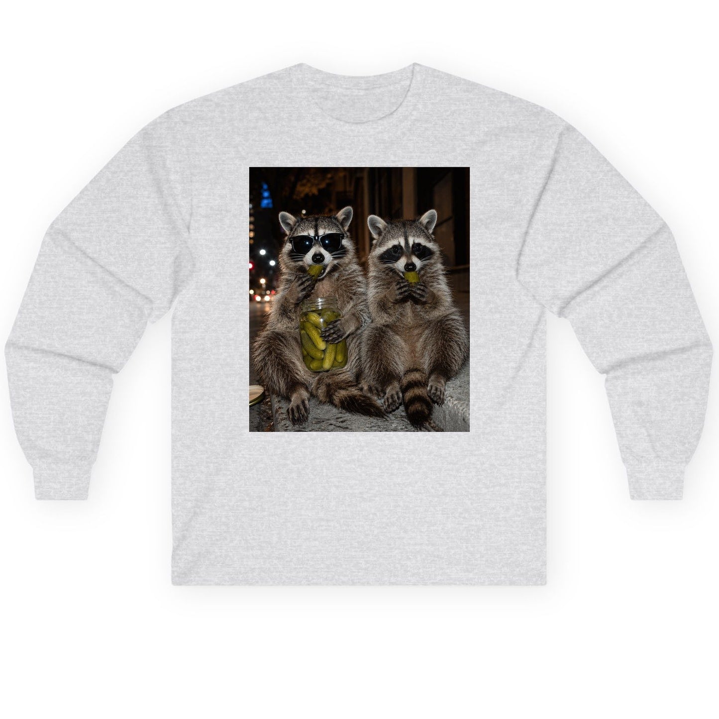 Raccoons Eating Pickles Funny Animal Lovers Long Sleeve Tee - product mockup - Ash