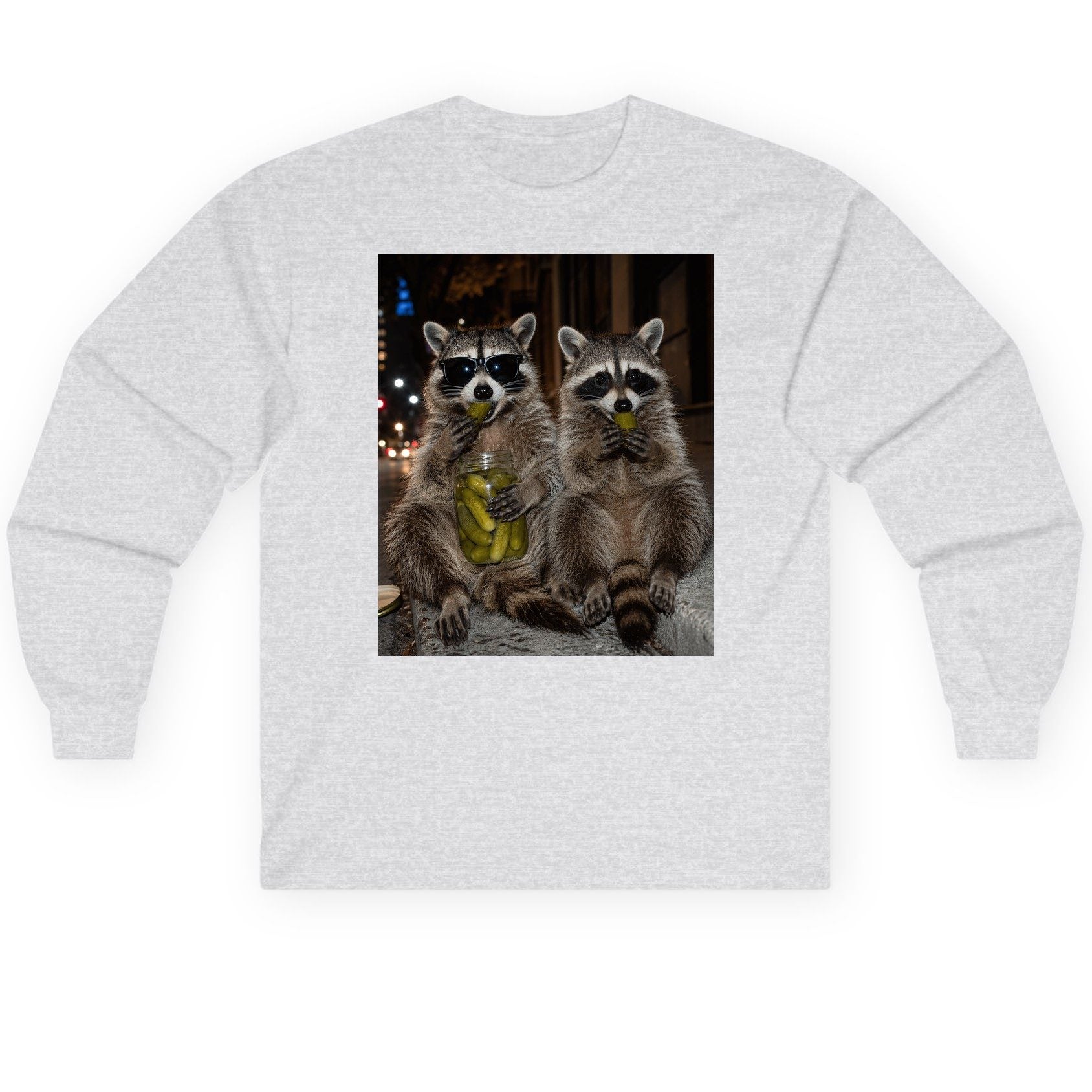 Raccoons Eating Pickles Funny Animal Lovers Long Sleeve Tee - product mockup - Ash