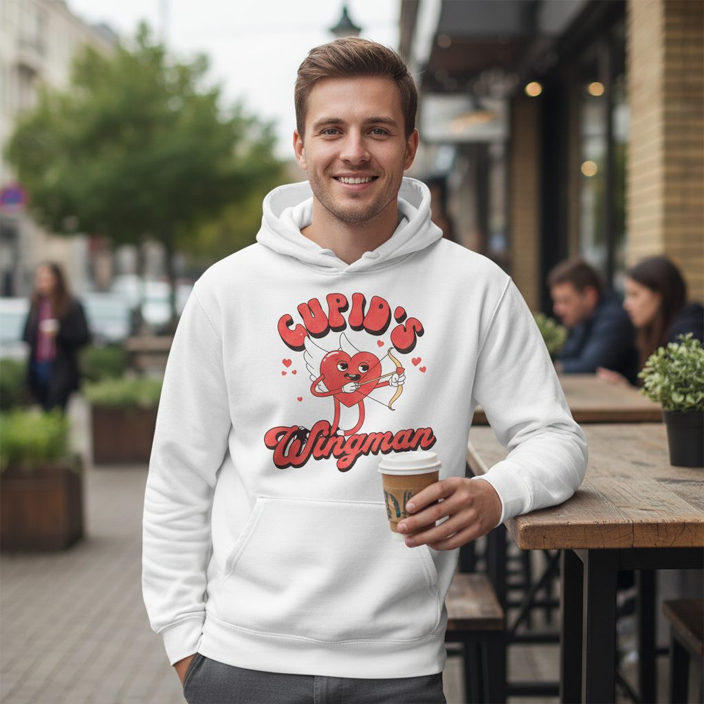 Cupid's Wingman Valentine's Day Hoodie White lifestyle mockup