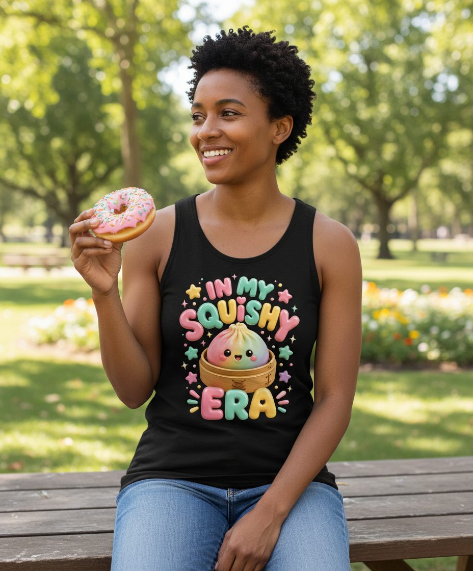 In My Squishy Era Cute Dumpling Tank Top - lifestyle model mockup - Black