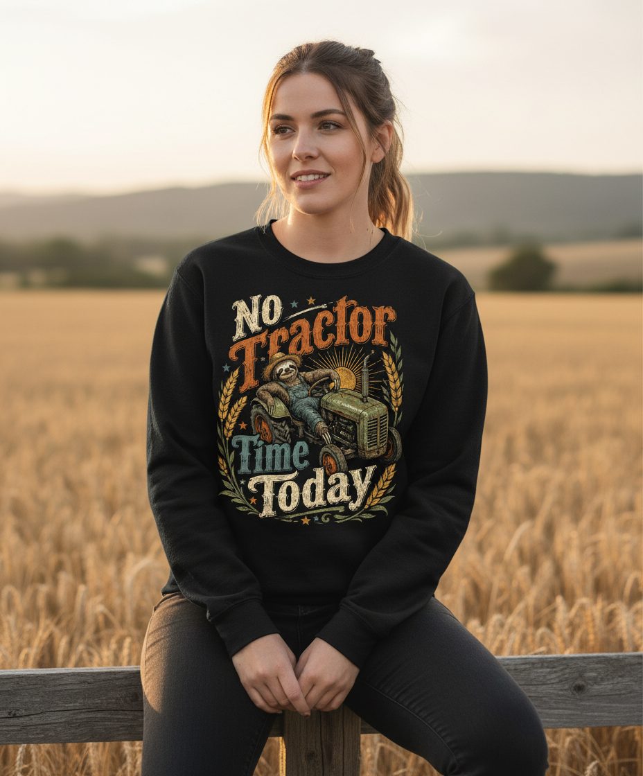 No Tractor Time Today Funny Sloth Sweatshirt - lifestyle model mockup - Black