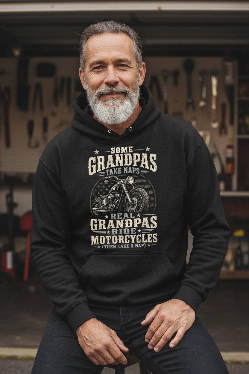 Some Grandpas Take Naps Real Grandpas Ride Motorcycles (then Take a Nap) Funny Detailed Illustration of Classic Motorcycle with Distressed Texture in the Background Is Subtle Weathered American Flag Pattern Stars and Stripes Hoodie - lifestyle model mockup - Black