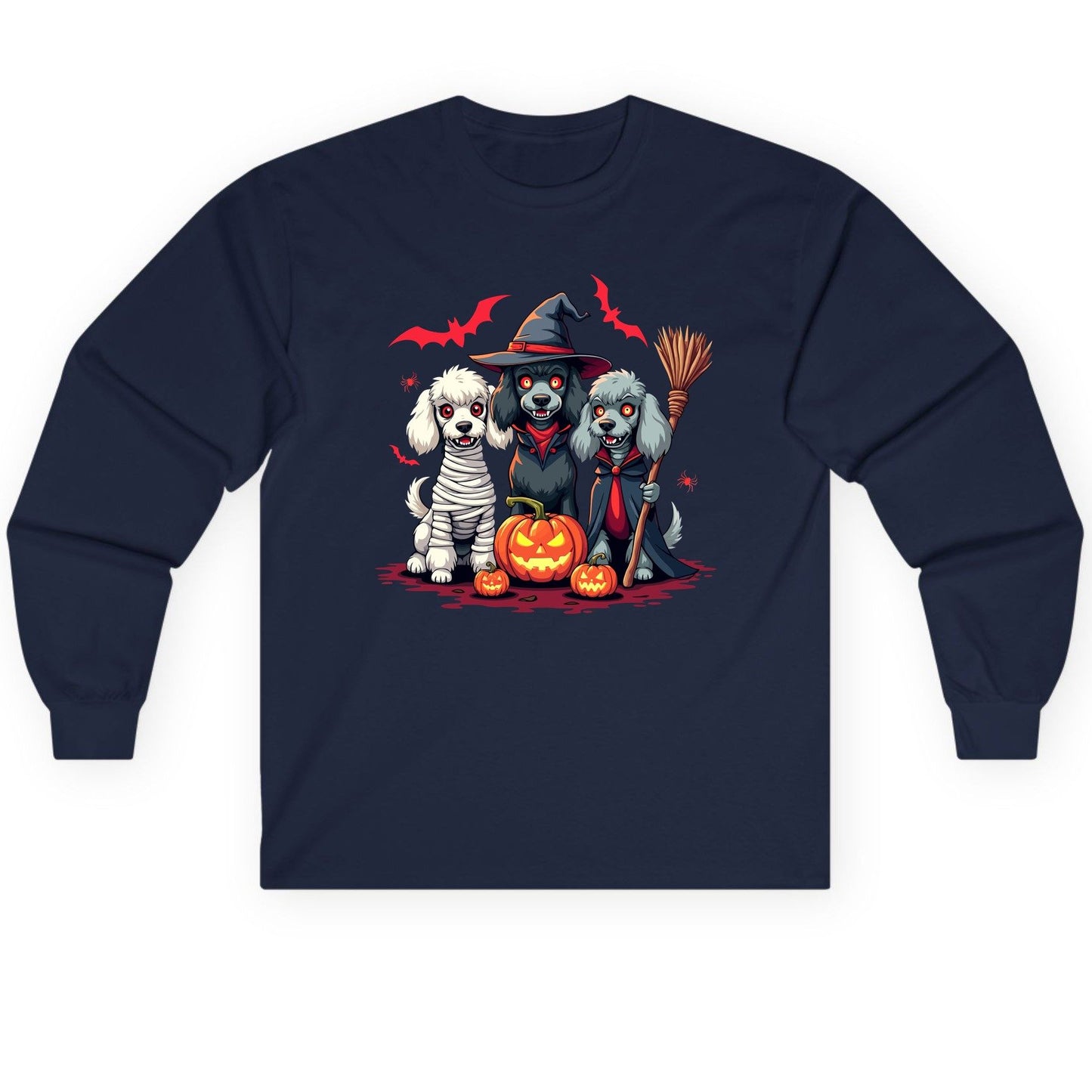 Spooky Poodle Trio Halloween dogs Long Sleeve Tee Navy product mockup