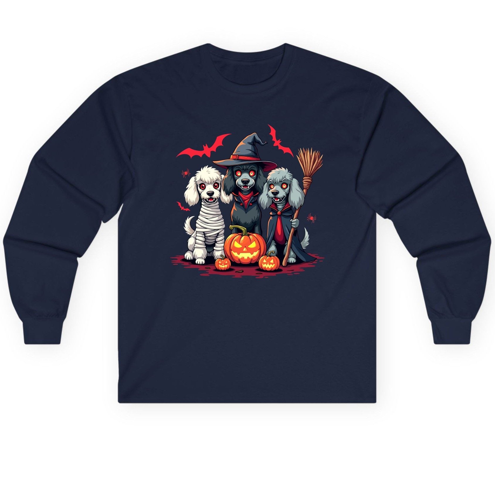 Spooky Poodle Trio Halloween dogs Long Sleeve Tee Navy product mockup