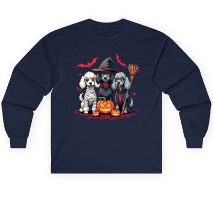 Spooky Poodle Trio Halloween dogs Long Sleeve Tee Navy product mockup