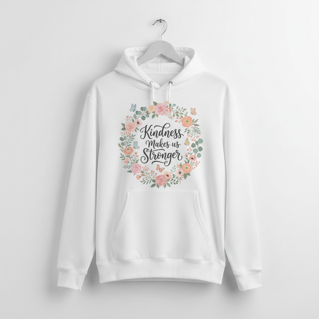 Kindness Makes Us Stronger Floral Wreath Hoodie - White