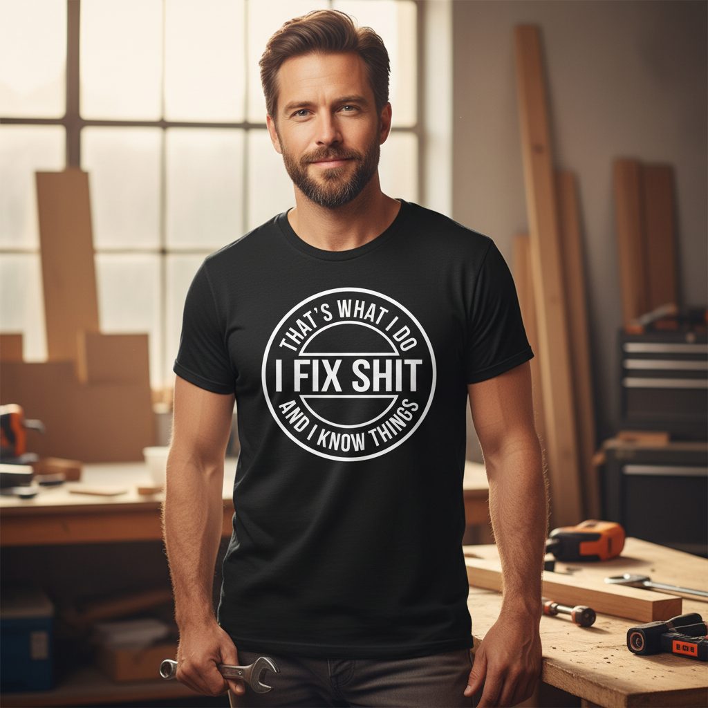 That's What I Do I Fix Shit and I Know Things Funny Handyman T-Shirt - lifestyle model mockup - Black