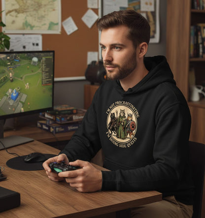 I'm Not Procrastinating I'm Doing Side Quests rpg cats Hoodie Black lifestyle mockup