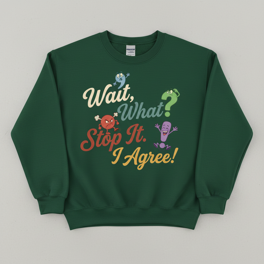 Wait What Stop It I Agree Funny Punctuation Humor Sweatshirt - Forest Green