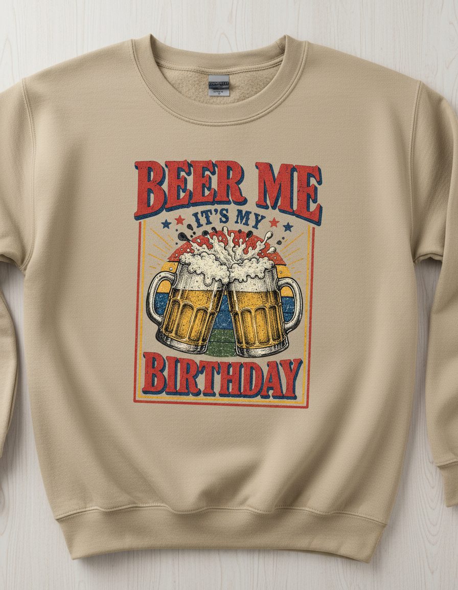 Beer Me It's My Birthday Funny Celebrants Sweatshirt - product mockup - Sand