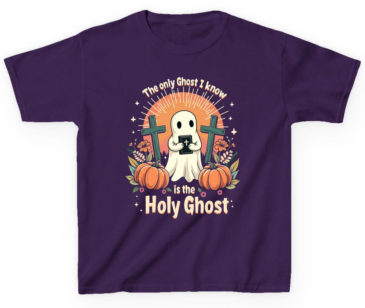 The Only Ghost I Know Is the Holy Ghost christian Halloween Youth T-Shirt Purple product mockup