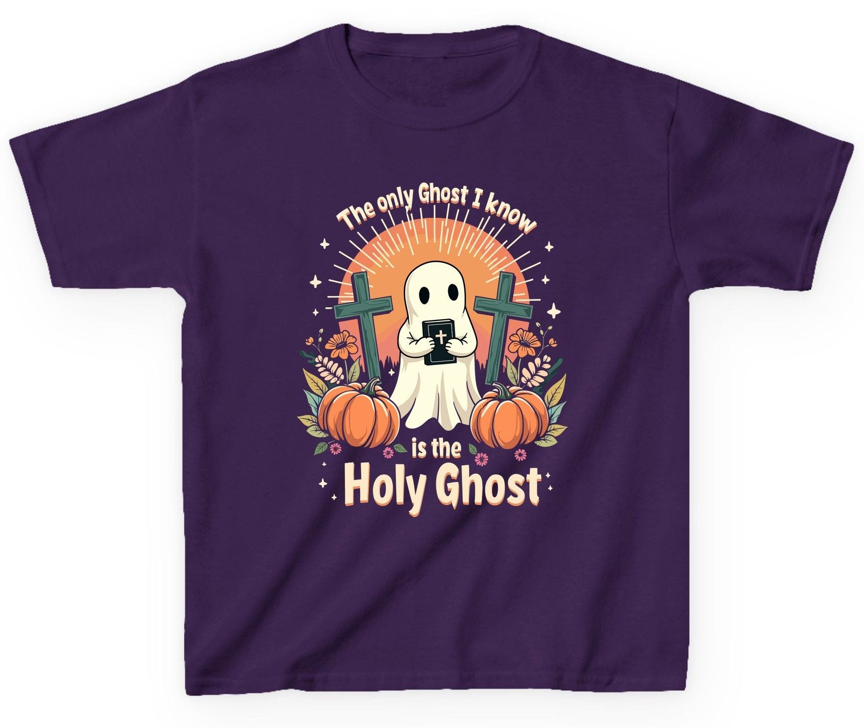 The Only Ghost I Know Is the Holy Ghost christian Halloween Youth T-Shirt Purple product mockup