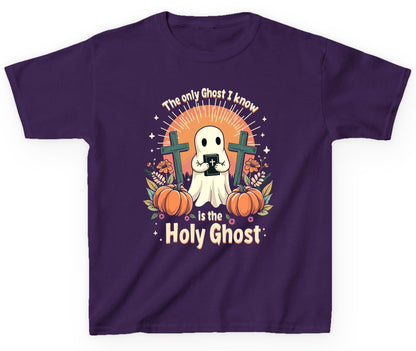 The Only Ghost I Know Is the Holy Ghost christian Halloween Youth T-Shirt Purple product mockup
