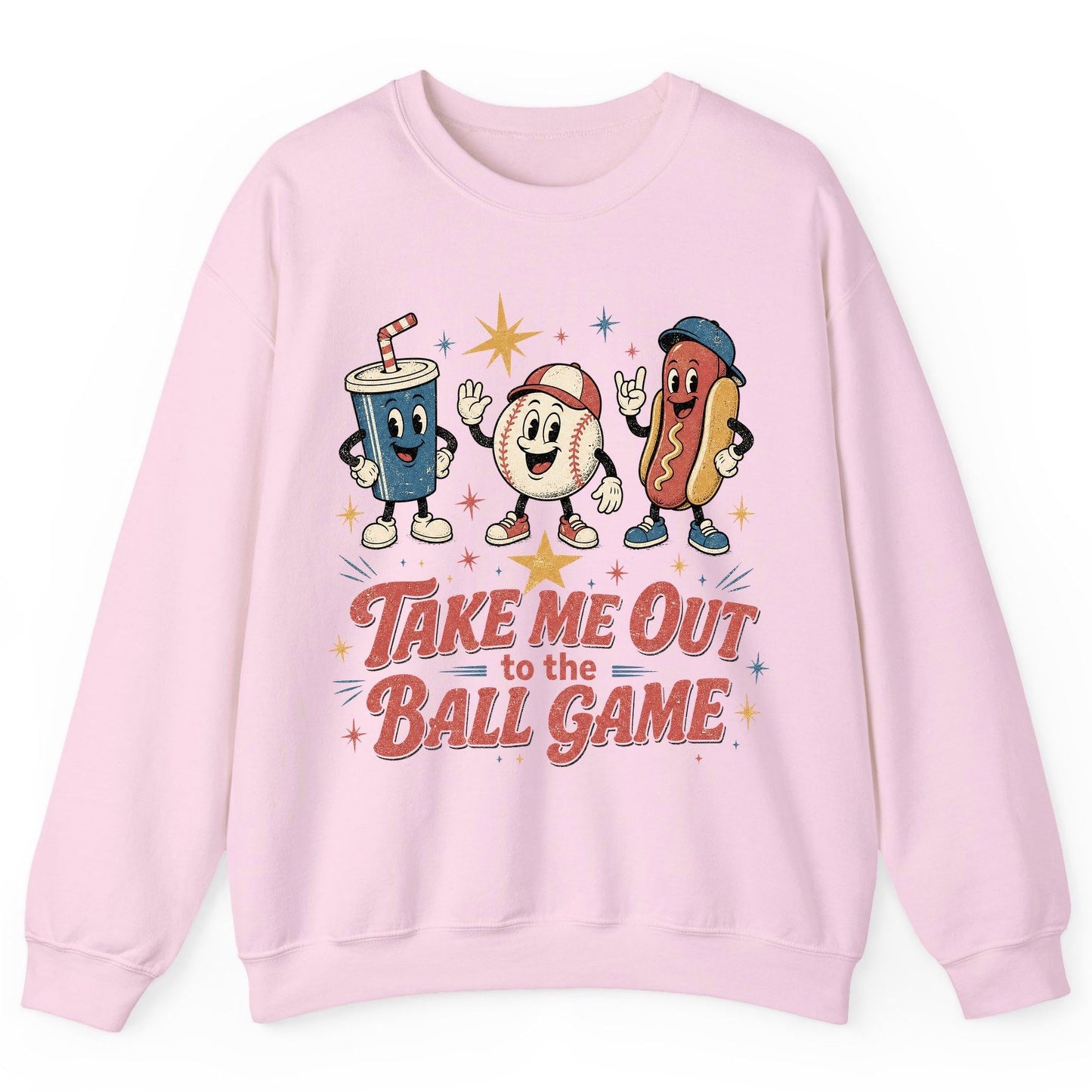 Take Me Out to the Ball Game Retro Baseball Sweatshirt - product mockup - Light Pink