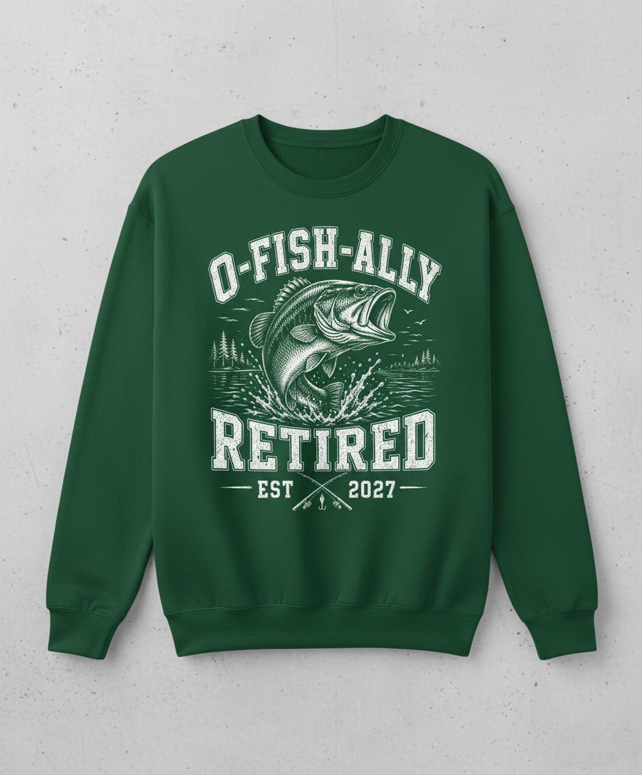 O-Fish-Ally Retired EST 2027 Funny Fishing Sweatshirt - product mockup - Forest Green