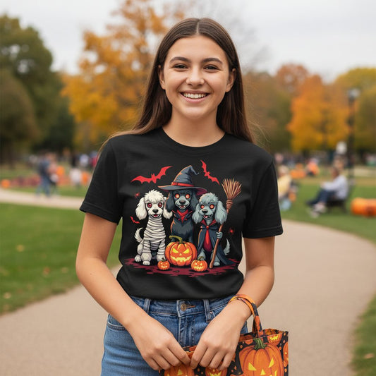 Spooky Poodle Trio Halloween dogs Youth T-Shirt Black lifestyle mockup