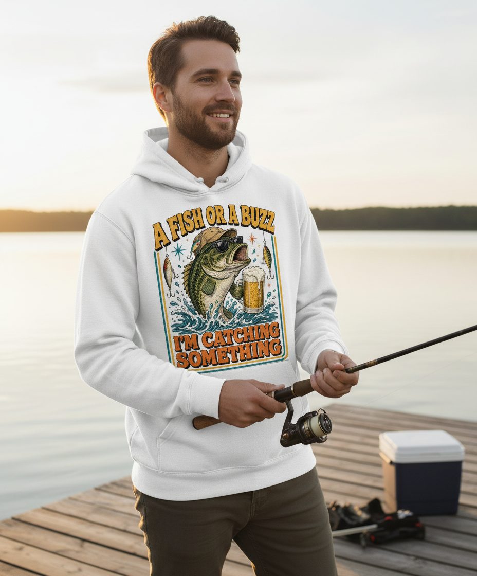 A FISH OR a BUZZ I'M Catching Something Funny Fishing Hoodie - lifestyle model mockup - White