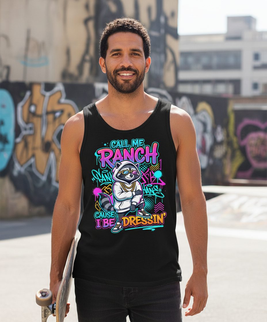Call Me Ranch Cause I Be Dressin' raccoon Tank Top Black lifestyle mockup