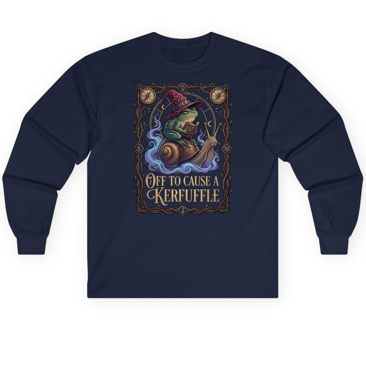 Off to Cause a Kerfuffle frog wizard Long Sleeve Tee Navy product mockup