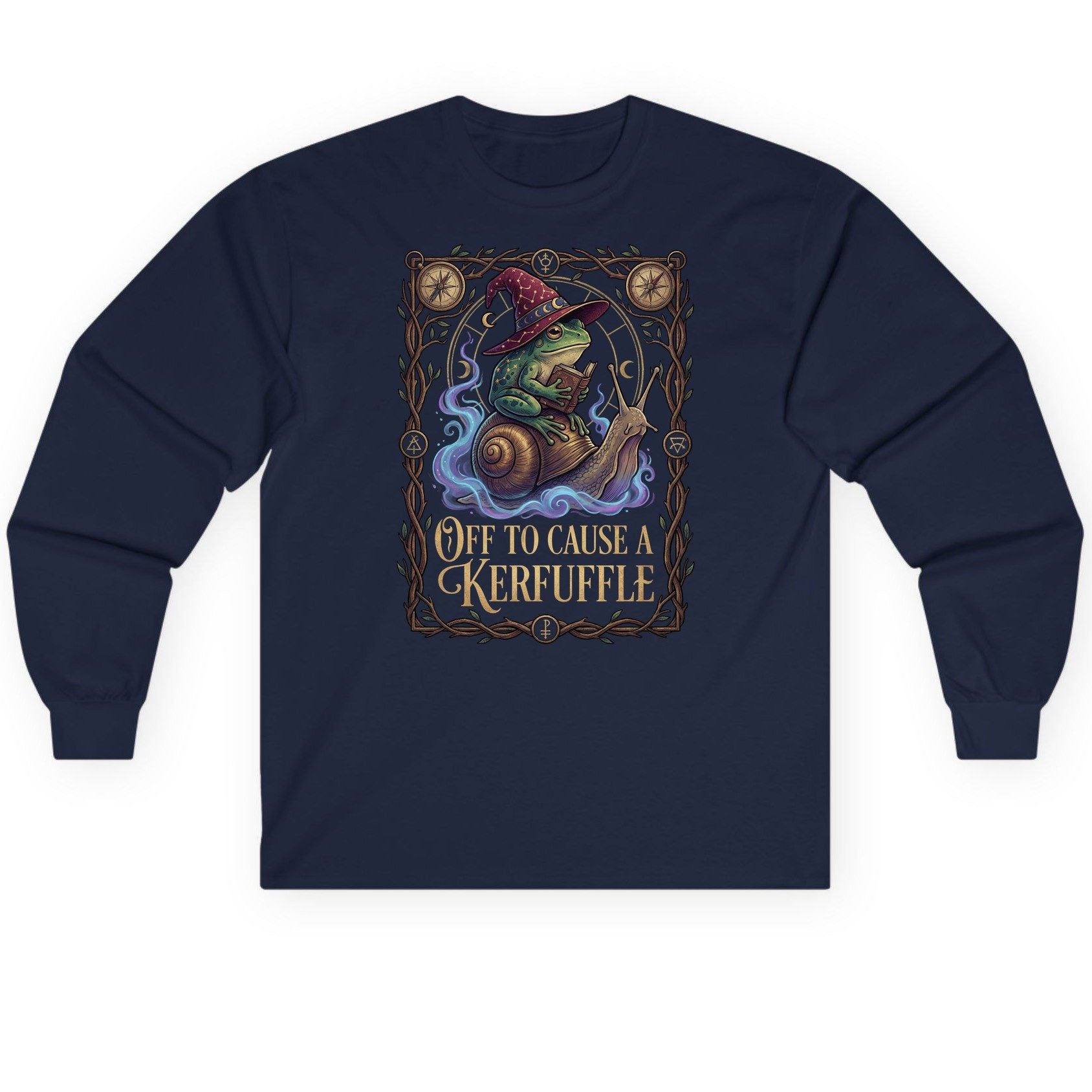 Off to Cause a Kerfuffle frog wizard Long Sleeve Tee Navy product mockup
