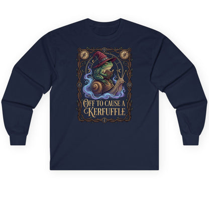 Off to Cause a Kerfuffle frog wizard Long Sleeve Tee Navy product mockup