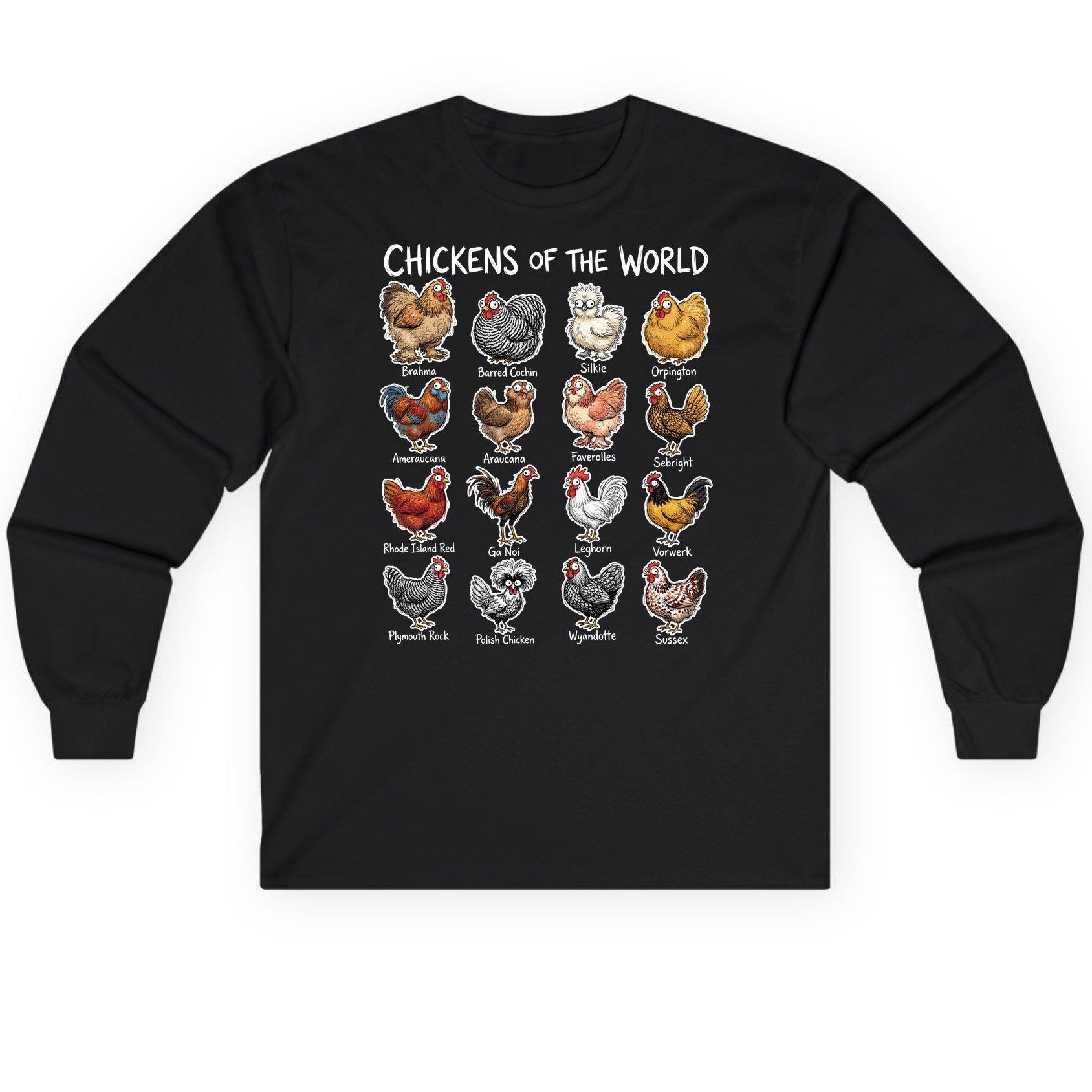 Chickens of the World chicken breeds Long Sleeve Tee Black product mockup