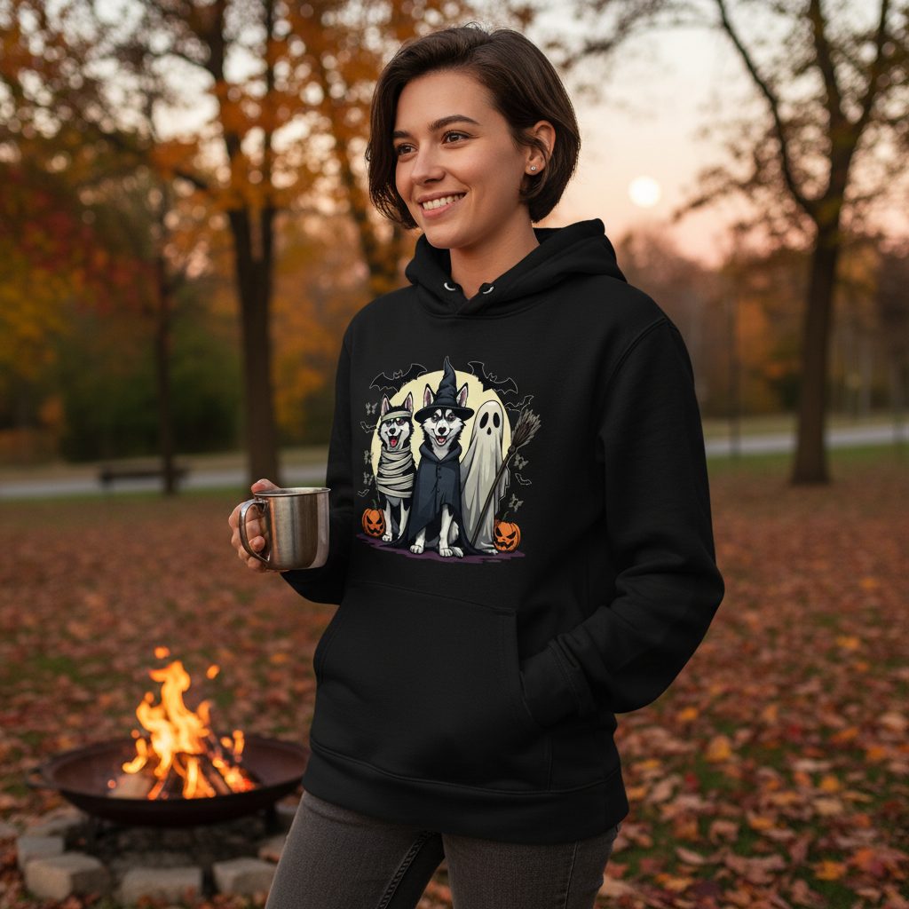 Halloween Huskies in Costumes Halloween huskies Hoodie Black lifestyle mockup