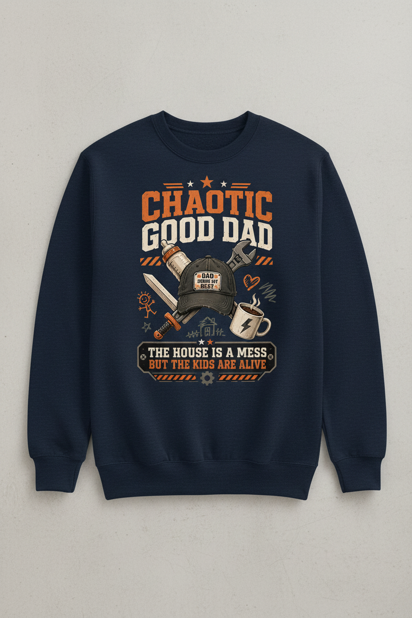 Chaotic Good Dad. The House Is A Mess But The Kids Are Alive. Funny Chaotic Good Dad Sweatshirt - product mockup - Navy
