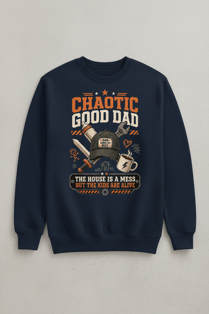 Chaotic Good Dad. The House Is A Mess But The Kids Are Alive. Funny Chaotic Good Dad Sweatshirt - product mockup - Navy