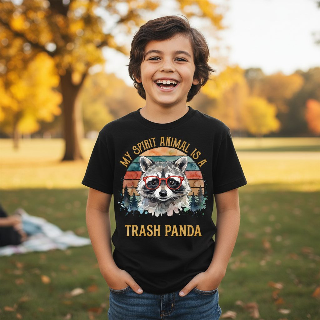 My Spirit Animal Is a Trash Panda raccoon Youth T-Shirt Black lifestyle mockup