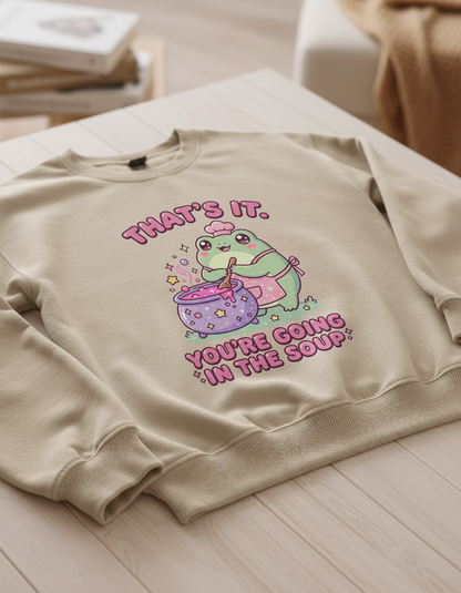 Kawaii Frog Chef "You're Going In The Soup" Funny Meme Design Sweatshirt - Sand