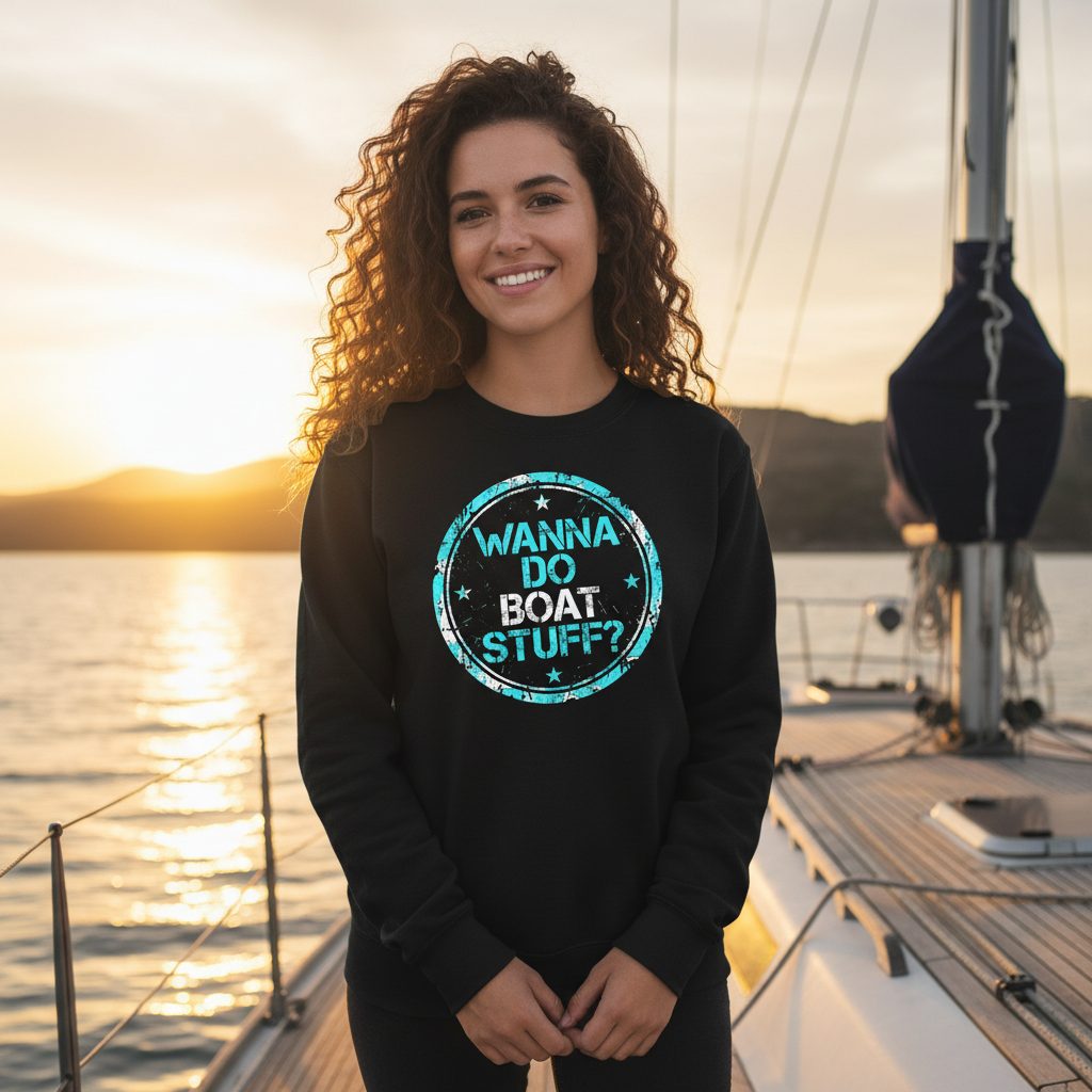 WANNA DO BOAT STUFF Funny Boating Sweatshirt - lifestyle model mockup - Black