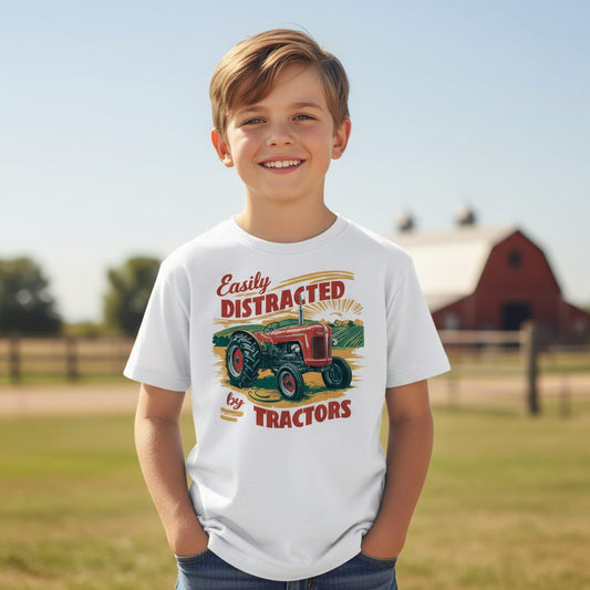 Easily Distracted by Tractors vintage tractor Youth T-Shirt White lifestyle mockup