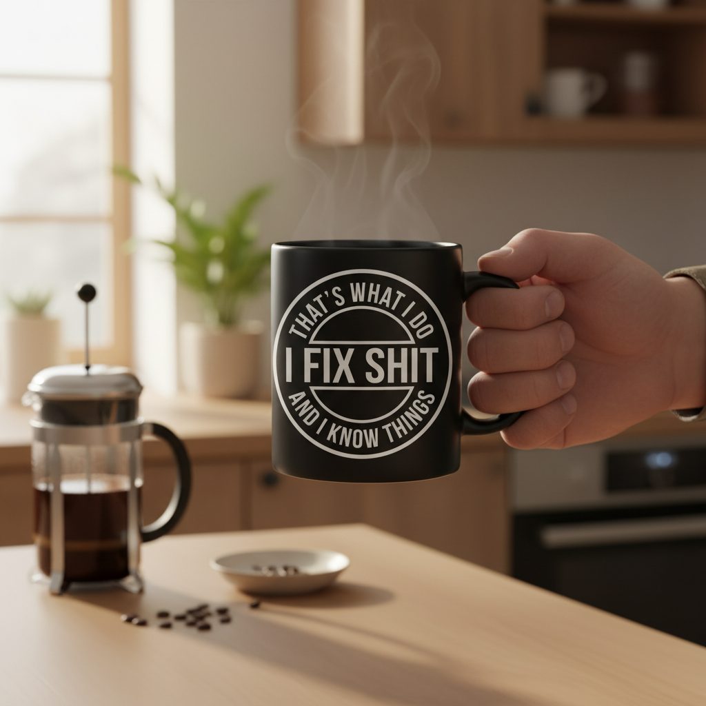 That's What I Do I Fix Shit and I Know Things Funny Handyman Black Mug - lifestyle model mockup - Black