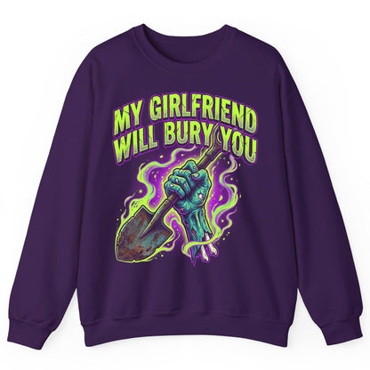 My Girlfriend Will Bury You zombie Sweatshirt Purple product mockup