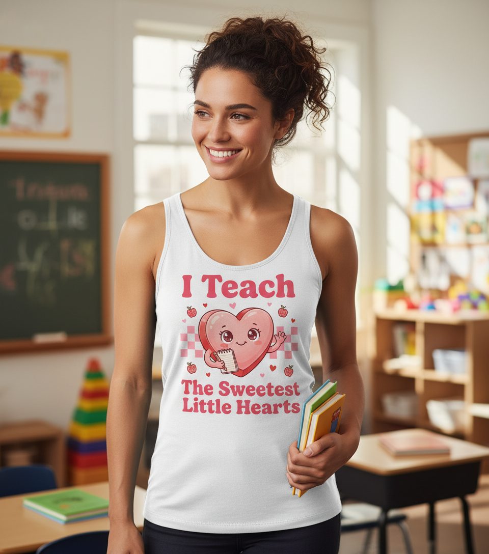 I Teach the Sweetest Little Hearts teacher Tank Top White lifestyle mockup