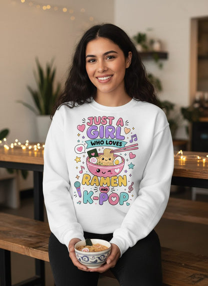 Just a Girl Who Loves Ramen and K-Pop Fans Sweatshirt - lifestyle model mockup - White
