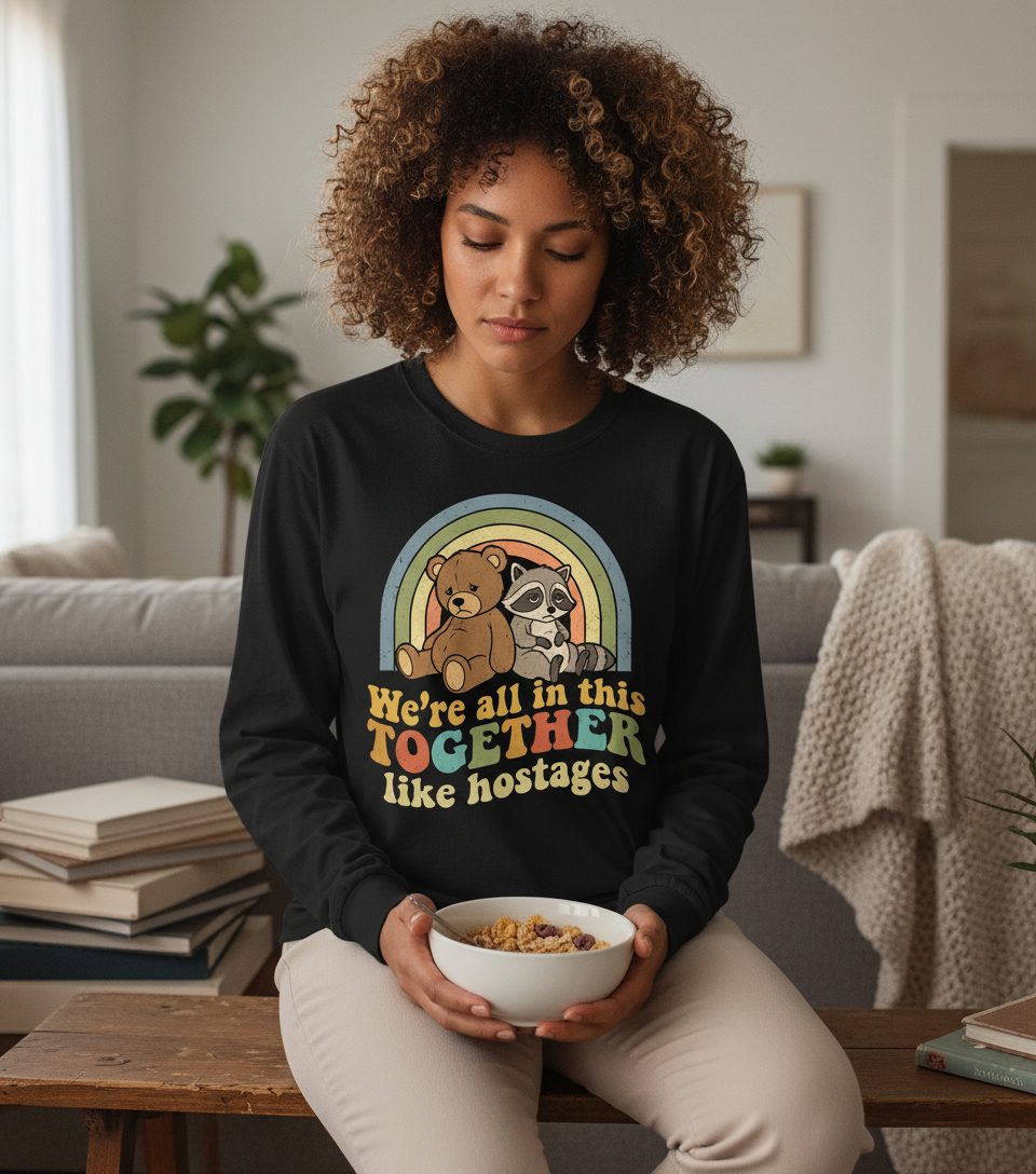 We're All in This Together Like Hostages sarcastic humor Long Sleeve Tee Black lifestyle mockup