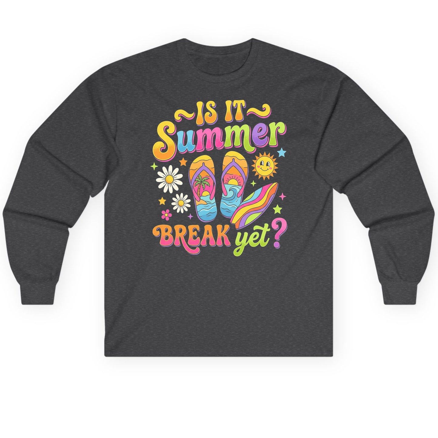 Is It Summer Break Yet Retro Vacation Long Sleeve Tee - product mockup - Dark Heather