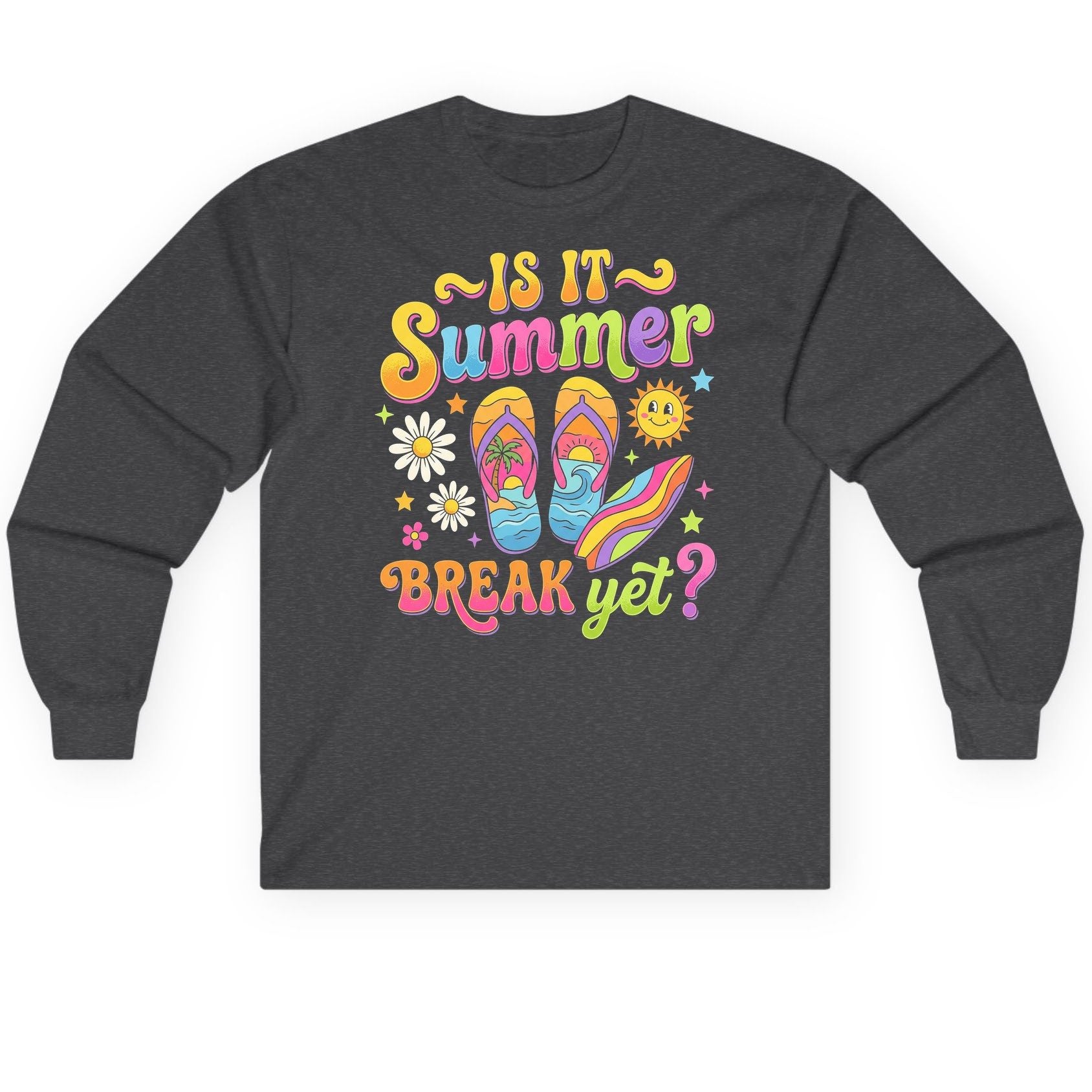 Is It Summer Break Yet Retro Vacation Long Sleeve Tee - product mockup - Dark Heather