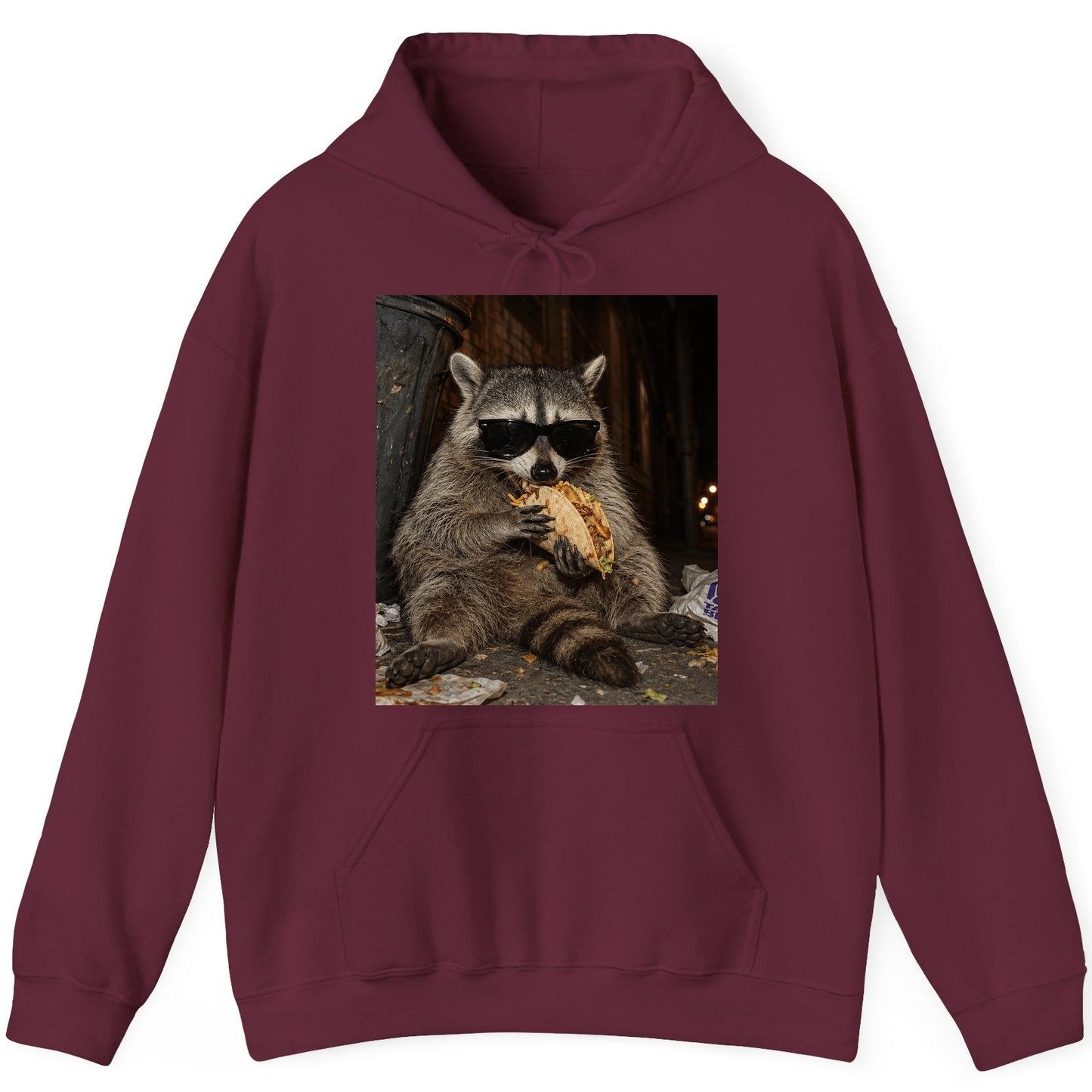 Raccoon Eating Taco Funny Animal Lovers Hoodie - product mockup - Maroon