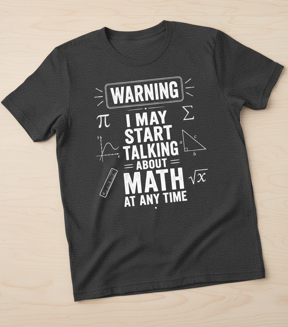 Warning I May Start Talking About Math at Any Time Funny Teachers T-Shirt - product mockup - Dark Heather