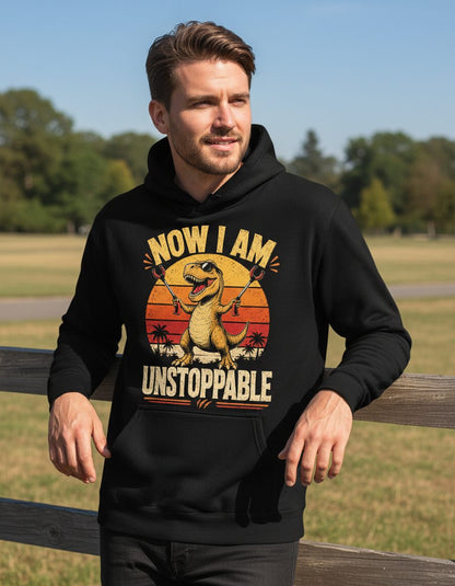 Now I Am Unstoppable Funny T-Rex Hoodie - lifestyle model mockup - Black