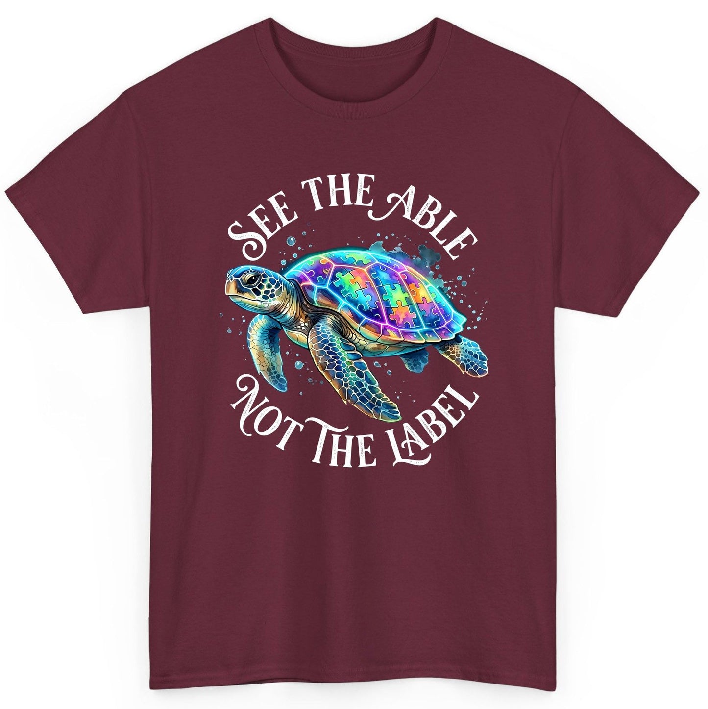 See the Able Not the Label Autism Awareness T-Shirt - product mockup - Maroon
