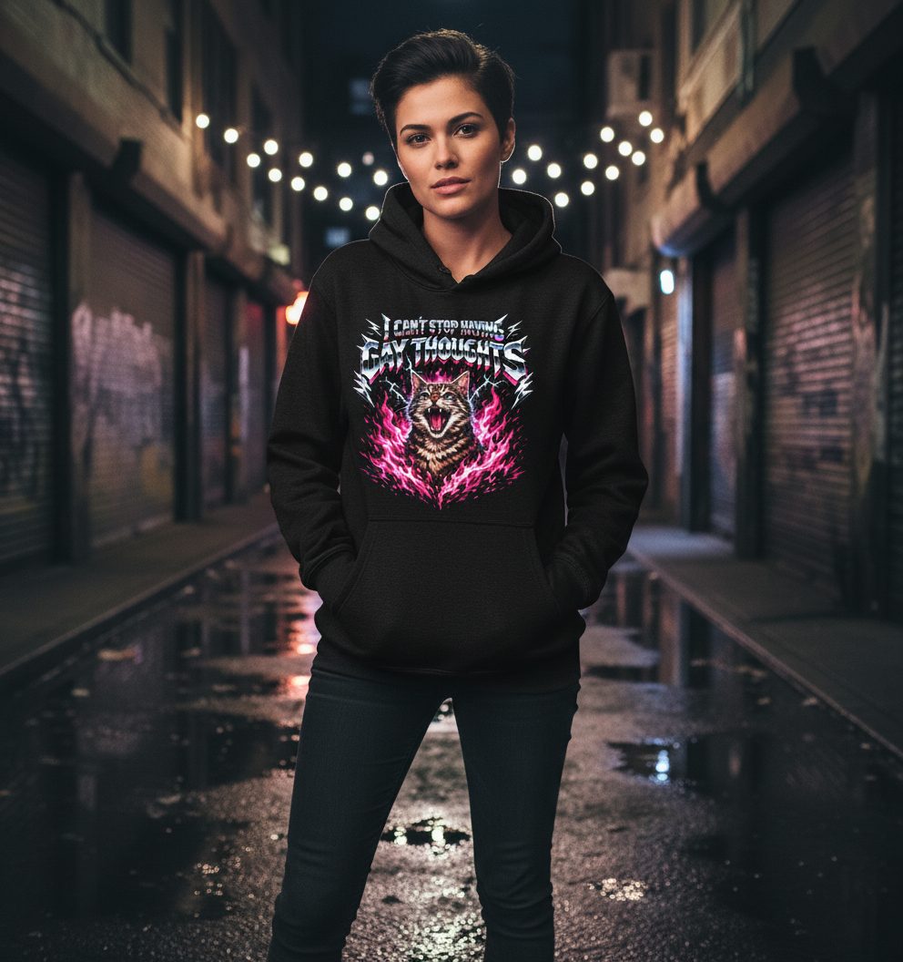 I Can't Stop Having Gay Thoughts cat Hoodie Black lifestyle mockup