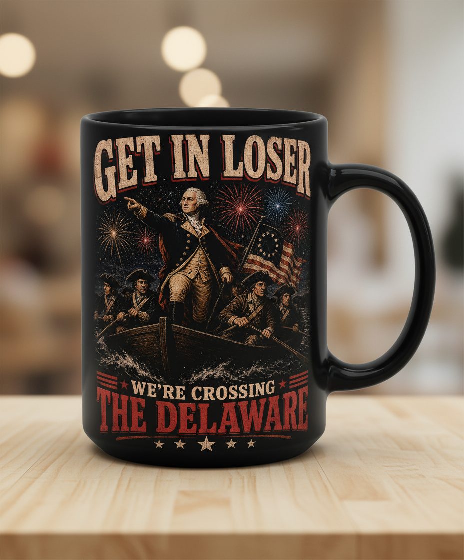 GET IN LOSER WE'RE Crossing THE Delaware Black Mug - product mockup - Black