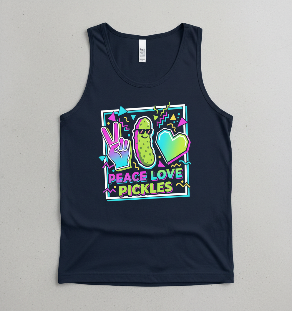 Peace Love Pickles Retro 80s 90s Style Design Tank Top - Navy